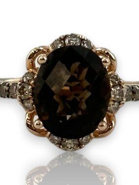 LeVian 14kt Strawberry Rose Gold Ring Chocolate Smokey Quartz Diamond Size 6.75